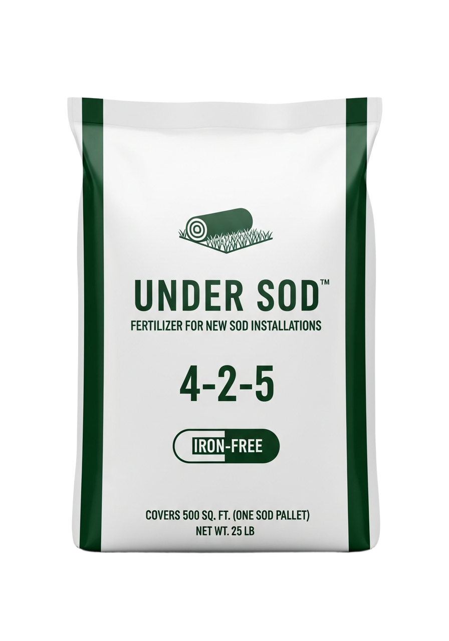 UNDER SOD™ 4-2-5 iron-free biological starter fertilizer — 25 lb bag with named mycorrhizae, a Bacillus and Trichoderma package, seaweed, and humic and fulvic acid, covering 500 sq ft (about one sod pallet)